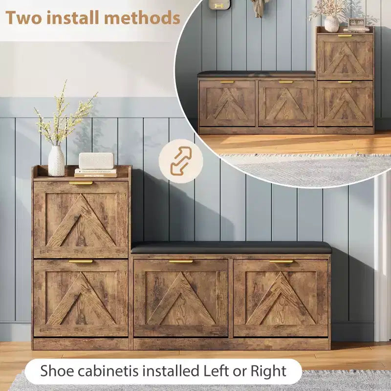 Shoe cabinet with bench, 4 flip-up drawers and open top shelf, wooden storage bench, suitable for entryway or living room, brown.