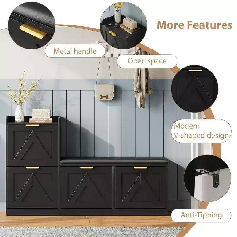 Shoe cabinet with bench, 4 flip-up drawers and open top shelf, wooden storage bench, suitable for entryway or living room, brown.