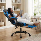 Sillón de Gaming con Reposapiés, Silla Ergonómica para Ordenador con Reposacabezas y Soporte Lumbar, Silla de Juego Transpirable y Ajustable en Altura para Hogar y Oficina