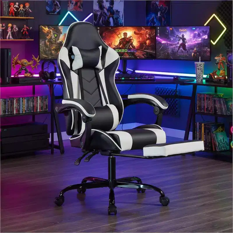 Sillón de Gaming con Reposapiés, Silla Ergonómica para Ordenador con Reposacabezas y Soporte Lumbar, Silla de Juego Transpirable y Ajustable en Altura para Hogar y Oficina