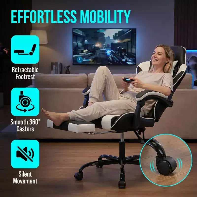Sillón de Gaming con Reposapiés, Silla Ergonómica para Ordenador con Reposacabezas y Soporte Lumbar, Silla de Juego Transpirable y Ajustable en Altura para Hogar y Oficina