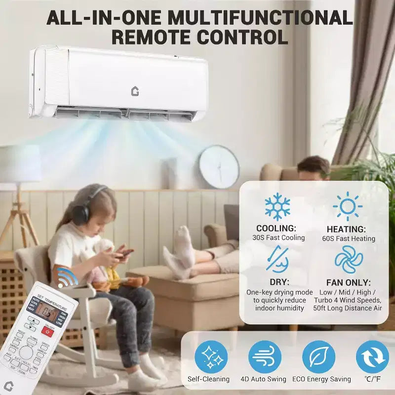 Climatiseur et Chauffage Mini Split 9000 BTU - Système Inverter Sans Conduit 20 SEER2, Auto-Nettoyant, WiFi/Alexa/Télécommande, Kit d'Installation, Refroidit 42 m², Norme Américaine