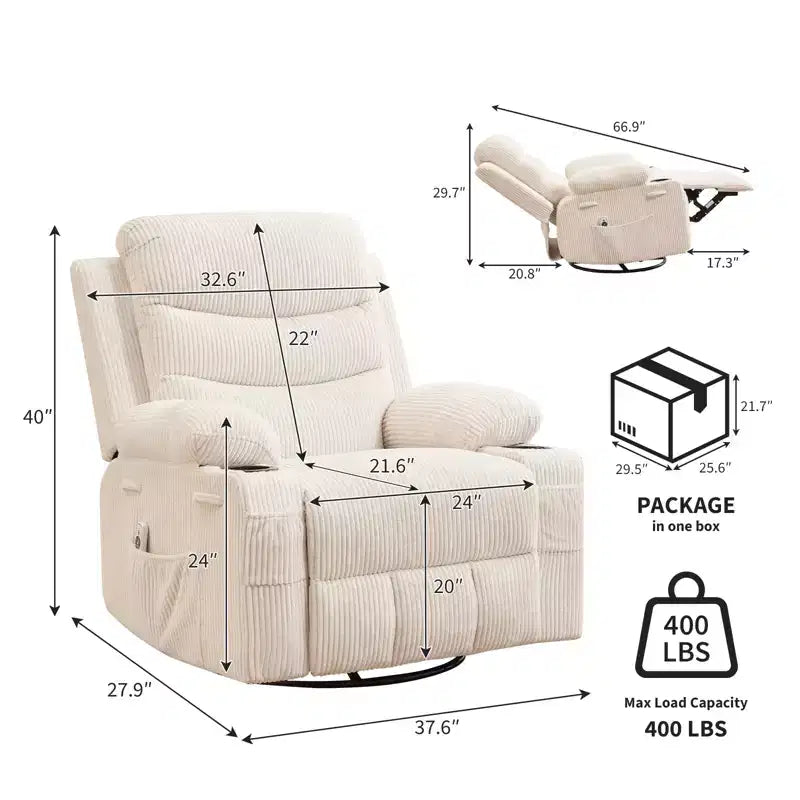 Swivel Rocker Recliner Chair with Massage and Heat