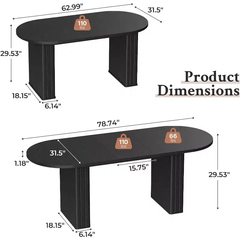 MooxvMoo Table de salle à manger ovale extensible pour 4 à 8 personnes, table de cuisine moderne avec base à lattes en bois, finition aspect travertin pour salon, noire