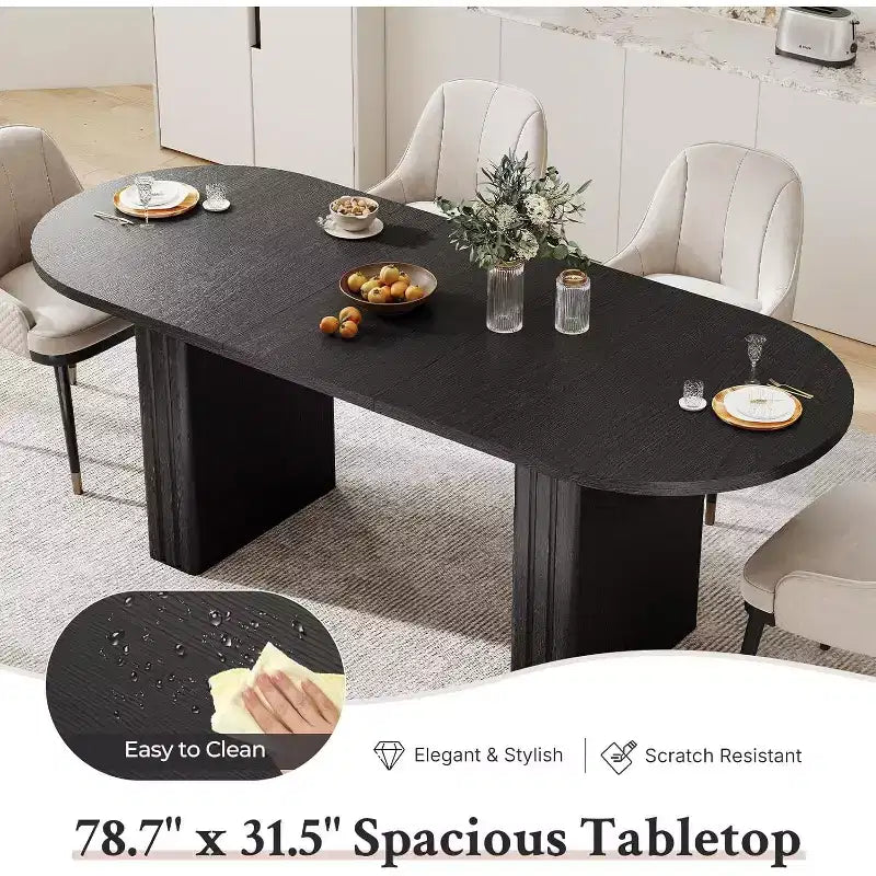 MooxvMoo Table de salle à manger ovale extensible pour 4 à 8 personnes, table de cuisine moderne avec base à lattes en bois, finition aspect travertin pour salon, noire