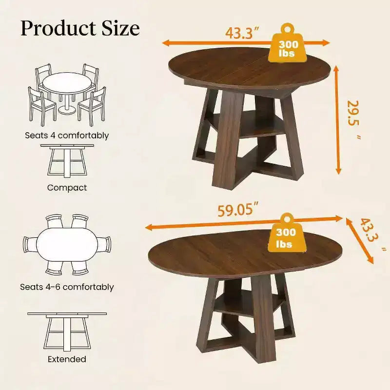 Extendable Round Dining Table for 4-8 People with Storage Shelf