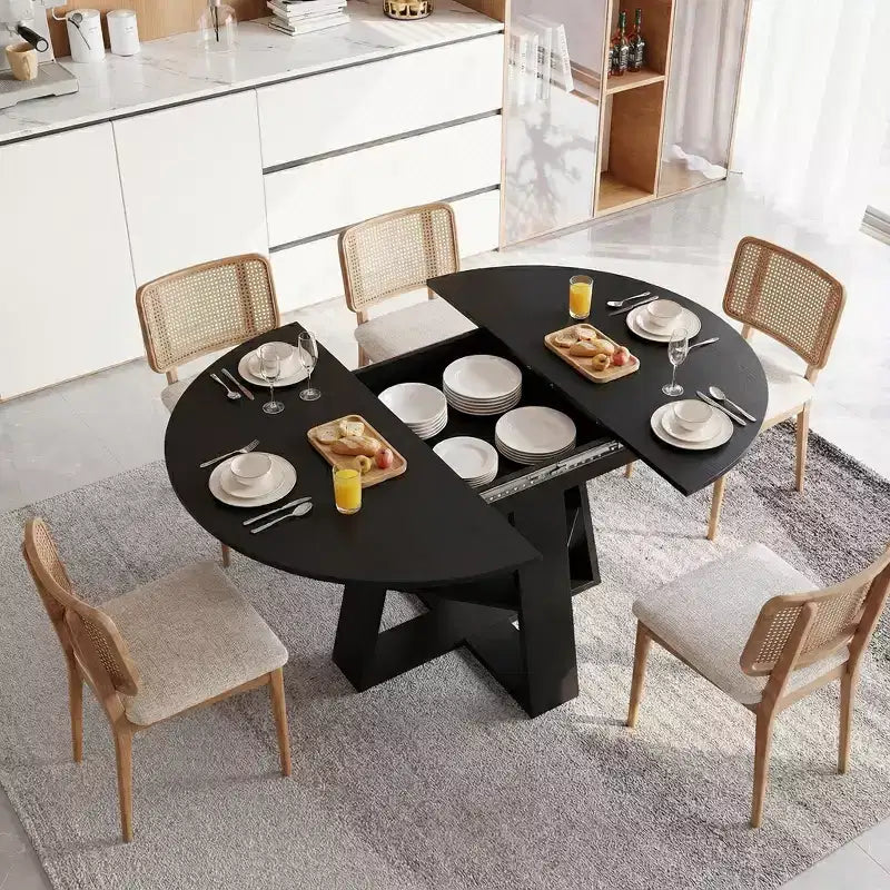 Extendable Round Dining Table for 4-8 People with Storage Shelf