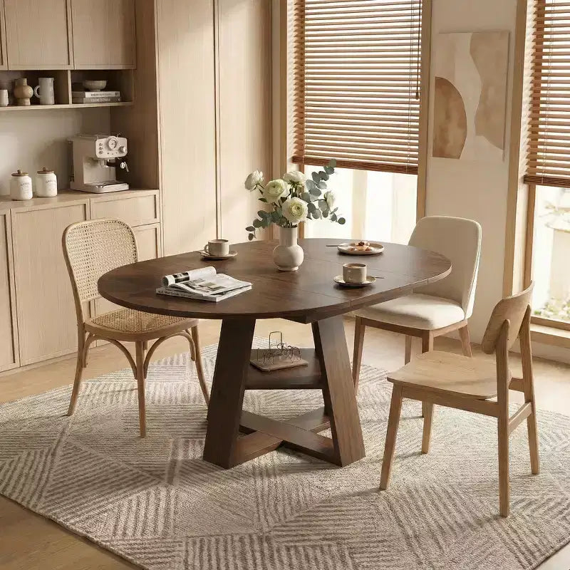 Table à manger ronde extensible pour 4 à 8 personnes avec étagère de rangement