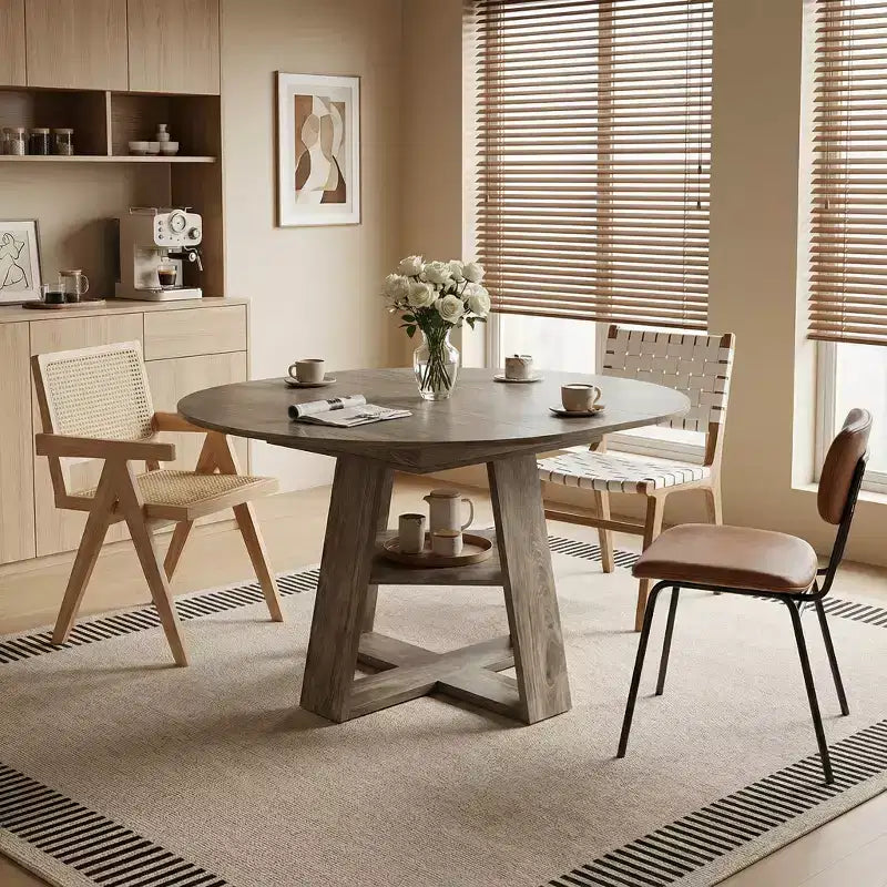 Table à manger ronde extensible pour 4 à 8 personnes avec étagère de rangement