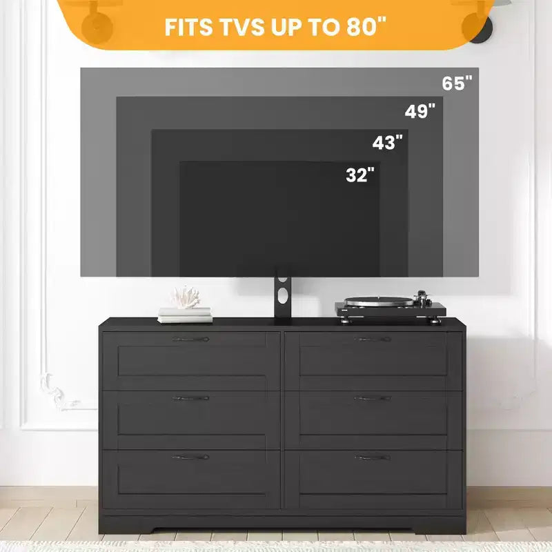 Modern TV Stand with Height Adjustable Mount - 6 Drawer Storage Dresser - Fits 32-80 Inch TVs - Entertainment Console Table for Bedroom