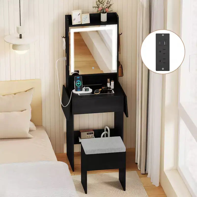 Coiffeuse Costway avec miroir et lumières, tabouret, 2 tables à abattants, station de charge Noir/Blanc