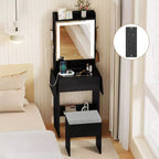 Coiffeuse Costway avec miroir et lumières, tabouret, 2 tables à abattants, station de charge Noir/Blanc