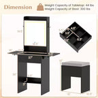 Coiffeuse Costway avec miroir et lumières, tabouret, 2 tables à abattants, station de charge Noir/Blanc