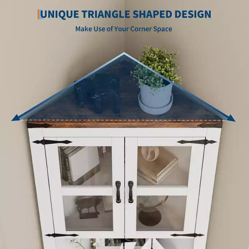 Lighted Farmhouse Corner Storage Cabinet, 67 In Tall Organizer with Adjustable Shelves, Glass Door, for Living Room, Kitchen, Bathroom, Entryway