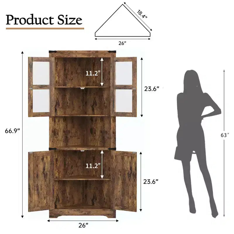 Lighted Farmhouse Corner Storage Cabinet, 67 In Tall Organizer with Adjustable Shelves, Glass Door, for Living Room, Kitchen, Bathroom, Entryway
