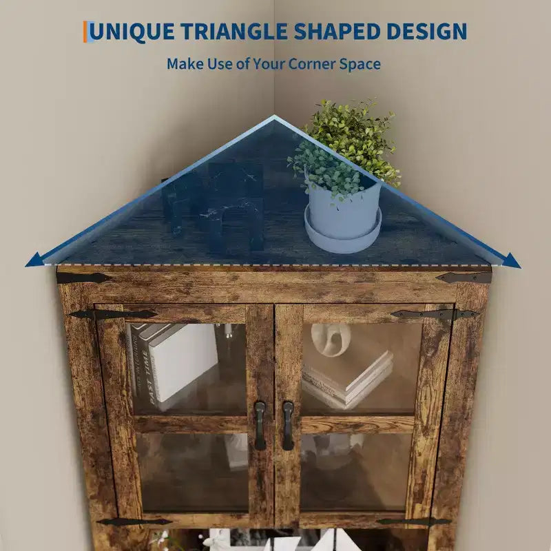 Lighted Farmhouse Corner Storage Cabinet, 67 In Tall Organizer with Adjustable Shelves, Glass Door, for Living Room, Kitchen, Bathroom, Entryway