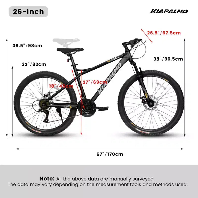 Bicicleta de montaña NAYSAYE de 26 pulgadas y 21 velocidades para adultos con cuadro de acero de alto carbono y frenos de disco mecánicos dobles, 67*26.5*38
