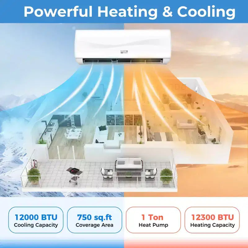 Climatiseur et Chauffage Mini Split Costway 12000 BTU avec Pompe à Chaleur, Kit d'Installation Complet