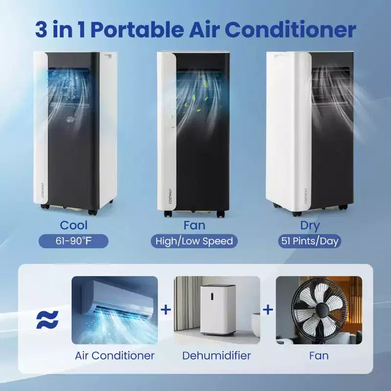 Costway Climatiseur portable 3 en 1 avec mode ventilateur et déshumidificateur, mode veille, minuterie 24h