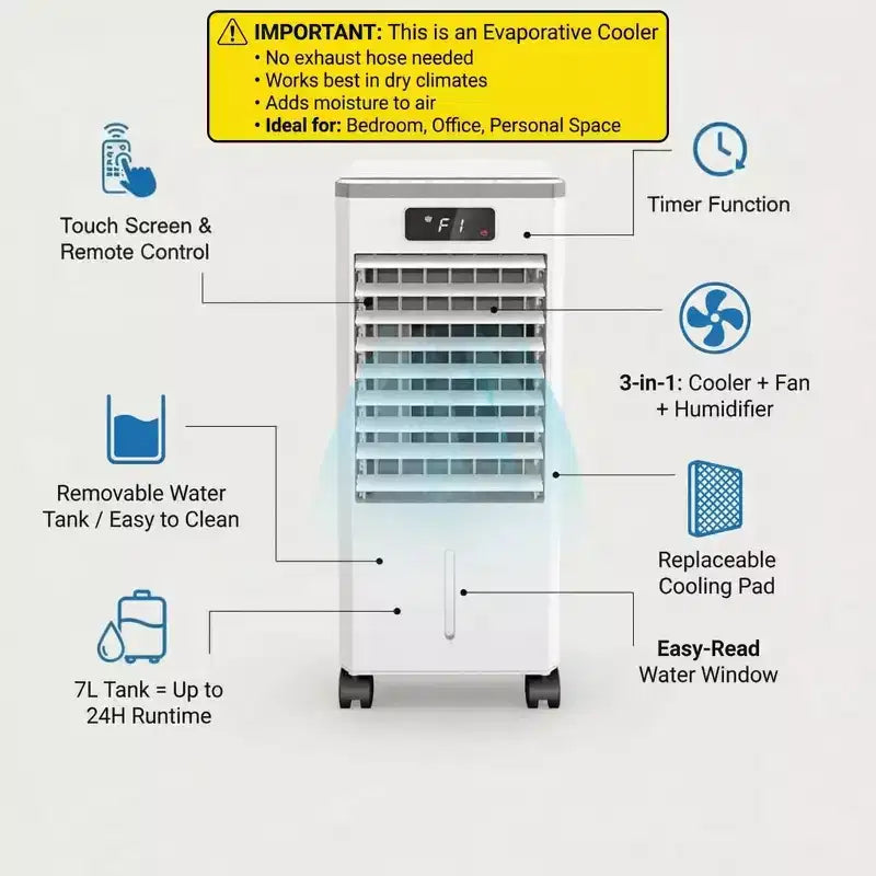 Enfriador de aire evaporativo portátil de 7 l con mando a distancia, 3 velocidades, temporizador y ventilador oscilante para oficina en casa