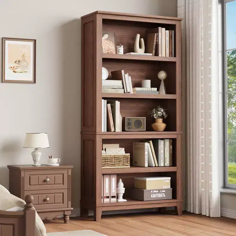 71 Farmhouse Bookcase w/Adjustable Shelves & 31.5 Width, 5 Tier Tall Bookshelf with Wooden Legs, Rustic Vintage Book Shelf for Living Room Office