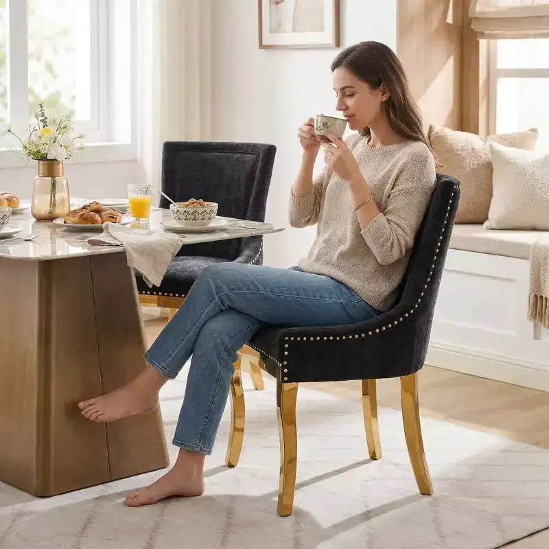 FurnitureR Set of 2 Chenille Upholstered Dining Chairs with Arms, Modern Accent Kitchen Chairs with Gold Metal Legs, Elegant Dining Room Side Chairs