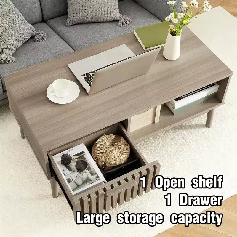 Modern Coffee Table with Storage Drawer & Open Shelf  2-Tier Fluted Rectangular Center Table