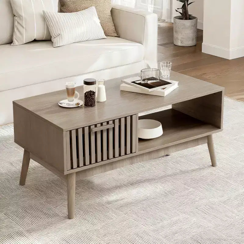 Modern Coffee Table with Storage Drawer & Open Shelf  2-Tier Fluted Rectangular Center Table