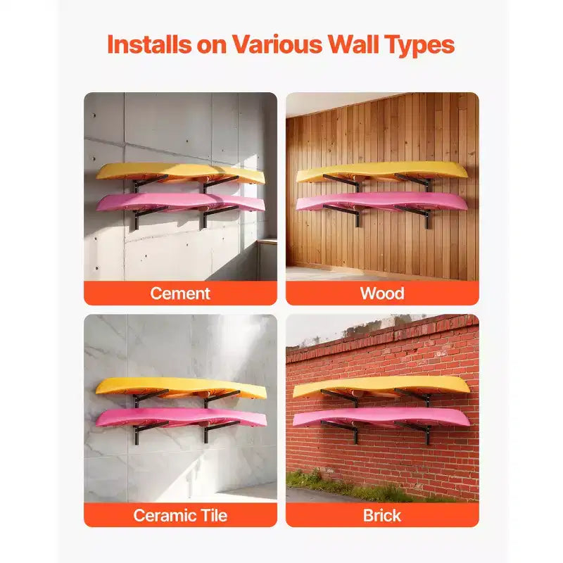 Porte-kayaks VEVOR pour 2 kayaks, capacité de 90 kg, support mural réglable robuste pour garage intérieur/extérieur, abri de jardin, quai, noir