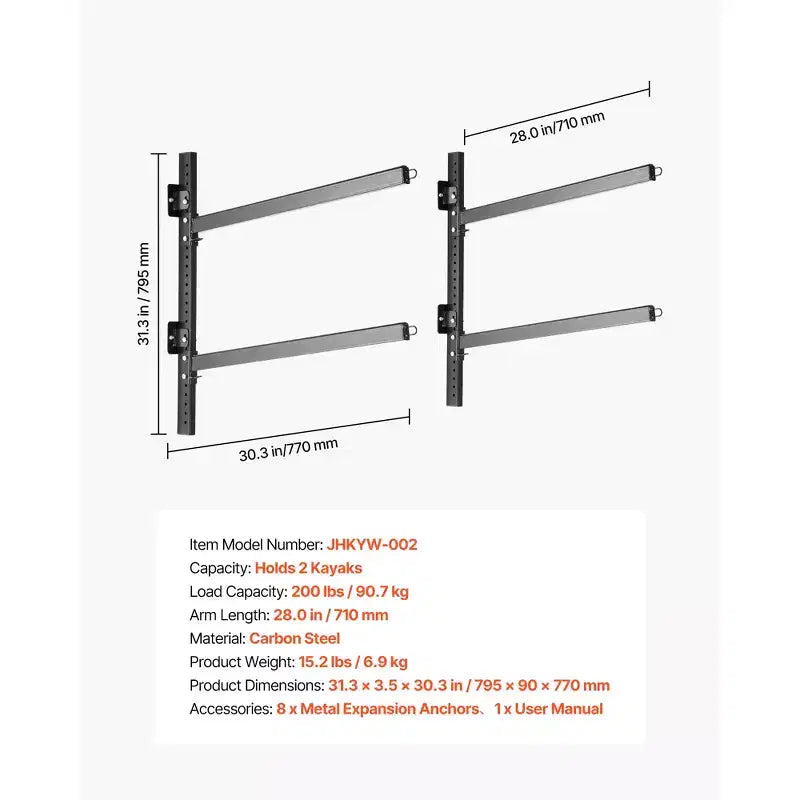 Porte-kayaks VEVOR pour 2 kayaks, capacité de 90 kg, support mural réglable robuste pour garage intérieur/extérieur, abri de jardin, quai, noir
