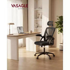 VASAGLE Silla ergonómica de oficina con malla, soporte lumbar ajustable y reposacabezas, función de inclinación de 90 a 105°, asiento ancho, reposabrazos abatibles