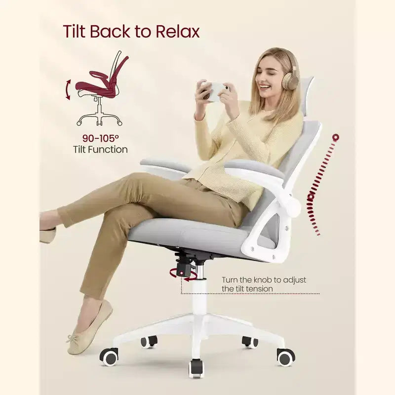 VASAGLE Silla ergonómica de oficina con malla, soporte lumbar ajustable y reposacabezas, función de inclinación de 90 a 105°, asiento ancho, reposabrazos abatibles