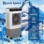 Refroidisseur d'air évaporatif avec réservoir d'eau de 20 litres, 4 pains de glace, 3 vitesses, oscillation à 120°, télécommande et minuterie, 80 W, portable sur pied