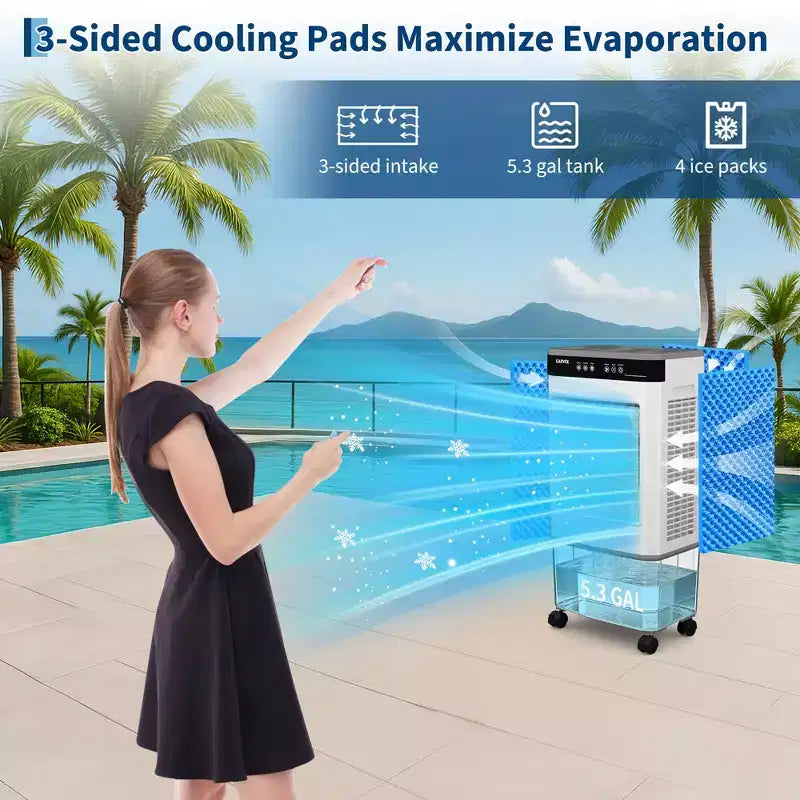 Refroidisseur d'air évaporatif avec réservoir d'eau de 20 litres, 4 pains de glace, 3 vitesses, oscillation à 120°, télécommande et minuterie, 80 W, portable sur pied