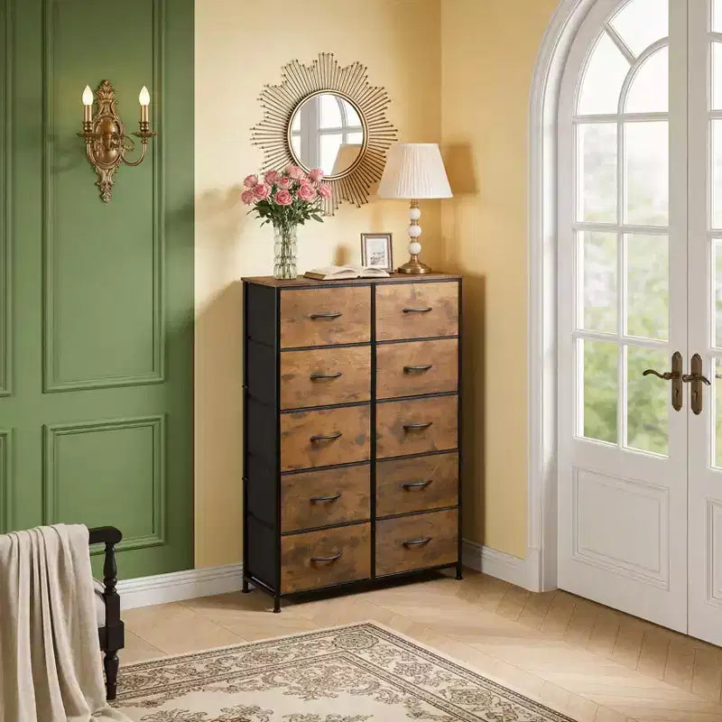 10-Drawer Dresser, Tall Chest of Drawers with Rustic Wood Finish and Metal Frame, Storage Organizer Unit for Bedroom, Entryway, Living Room