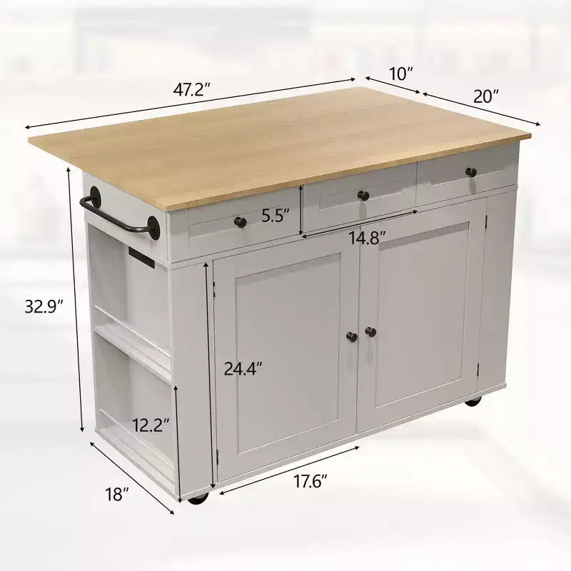 47,2 Chariot de cuisine mobile sur roulettes, îlot de cuisine roulant avec comptoir rabattable, station de recharge, étagères coulissantes et grand espace de rangement