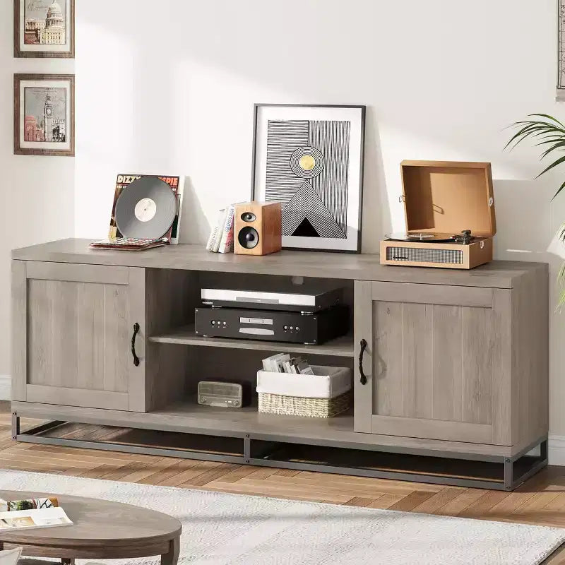 Farmhouse Industrial TV Stand with Gray Wood Finish, Media Console Table with Open Shelves & Storage Cabinets, Entertainment Center
