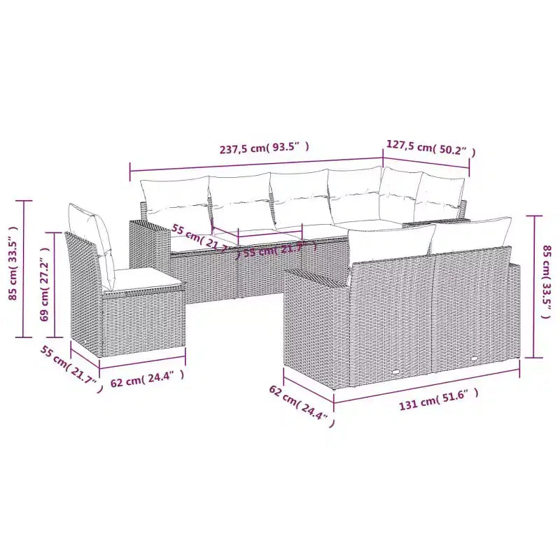 vidaXL Garden Sofa Set Black PE rattan, powder-coated steel Large
