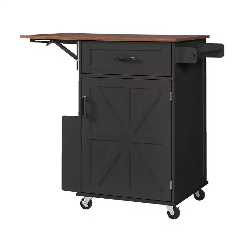 FAMYYT 39.3 Rolling Kitchen Island with Drop Leaf, Kitchen Cart with Drawer, Open Side Rack, Towel Rack and Lockable Wheels