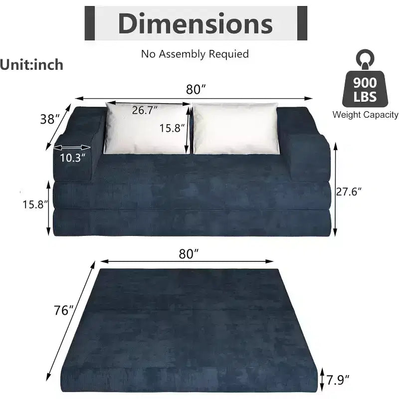 MooxvMoo 80 Convertible Couch Bed with 2 Pillows, 3-Seat Floor Sofa, King Size Sleeper, DIY Combination, Chenille, Blue