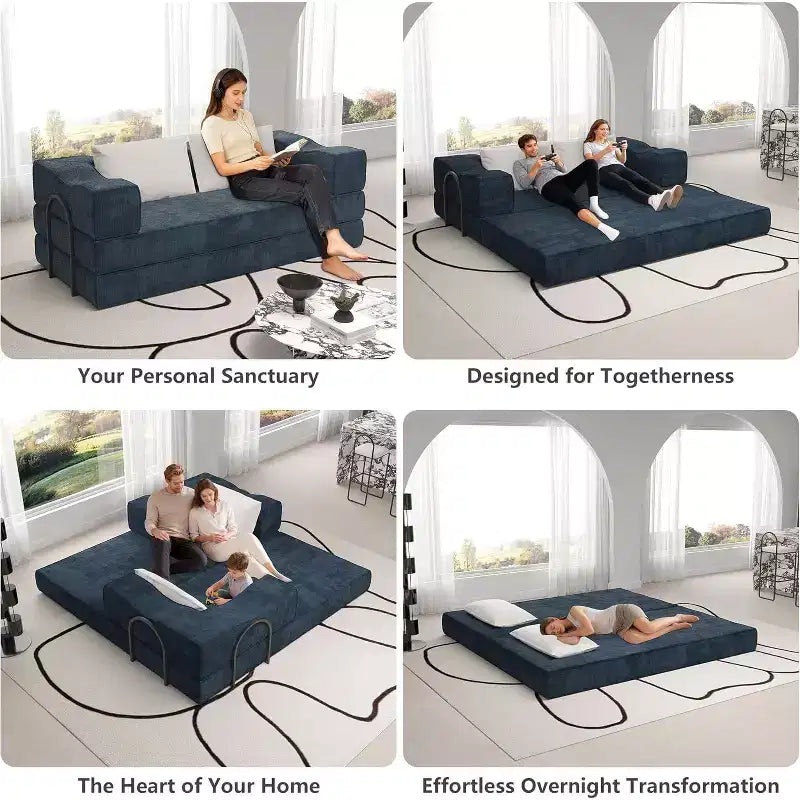 MooxvMoo 80 Convertible Couch Bed with 2 Pillows, 3-Seat Floor Sofa, King Size Sleeper, DIY Combination, Chenille, Blue