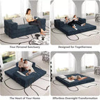 MooxvMoo 80 Convertible Couch Bed with 2 Pillows, 3-Seat Floor Sofa, King Size Sleeper, DIY Combination, Chenille, Blue