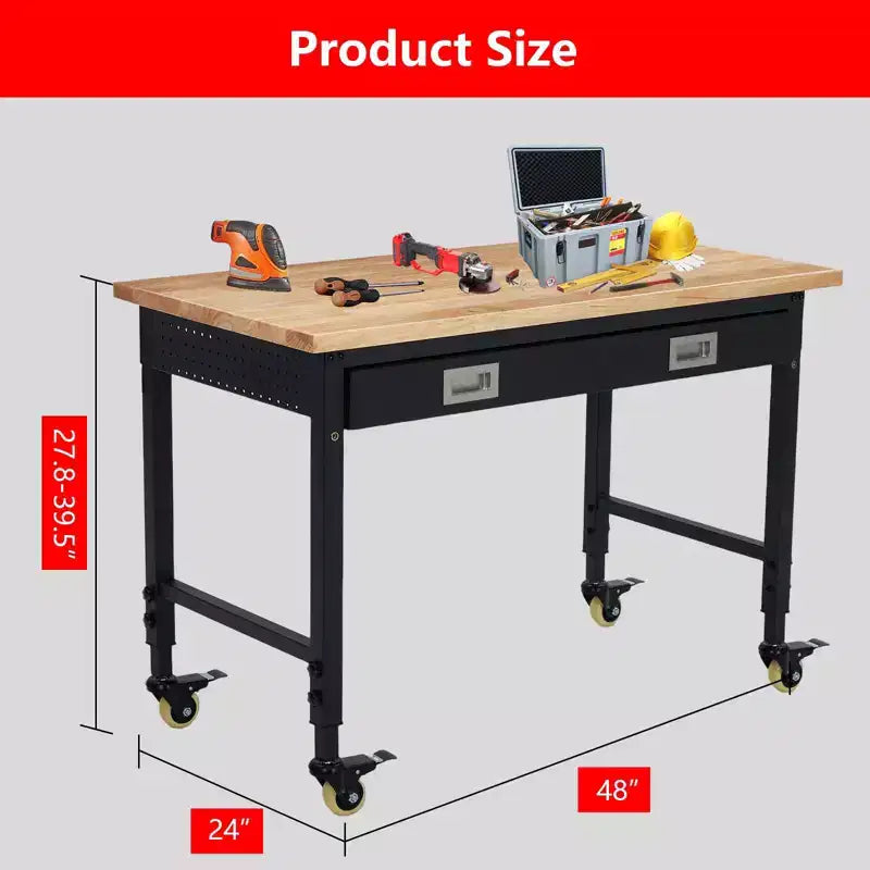 Établi Robuste Réglable avec Tiroirs, Panneau Perforé, Panneau Arrière et Bande Lumineuse, Plateau en Bois d'Hévéa de 48", Charge de 2000 lb, Table Mobile