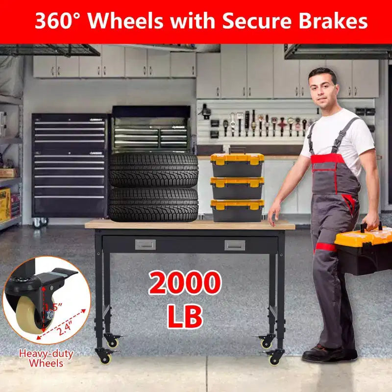 Établi Robuste Réglable avec Tiroirs, Panneau Perforé, Panneau Arrière et Bande Lumineuse, Plateau en Bois d'Hévéa de 48", Charge de 2000 lb, Table Mobile