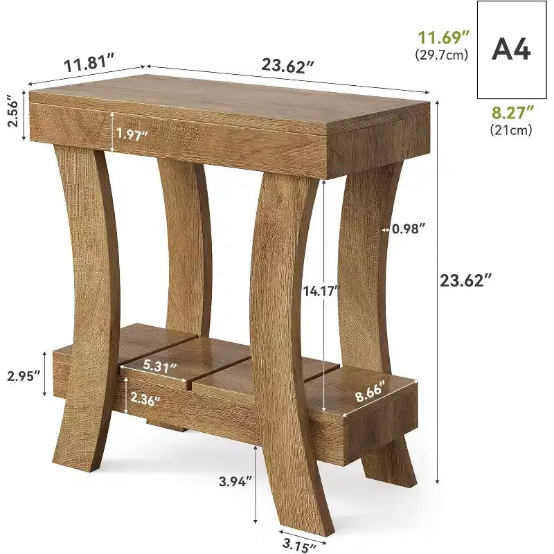 Table d'appoint étroite Lantine avec étagère de rangement, table d'appoint rectangulaire à 2 niveaux avec pieds en bois, petite table de chevet pour chambre à coucher, salon, petits espaces