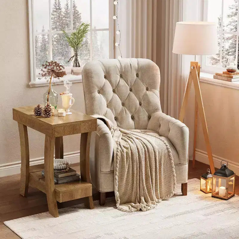 Table d'appoint étroite Lantine avec étagère de rangement, table d'appoint rectangulaire à 2 niveaux avec pieds en bois, petite table de chevet pour chambre à coucher, salon, petits espaces