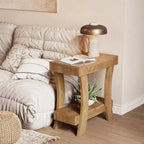 Table d'appoint étroite Lantine avec étagère de rangement, table d'appoint rectangulaire à 2 niveaux avec pieds en bois, petite table de chevet pour chambre à coucher, salon, petits espaces