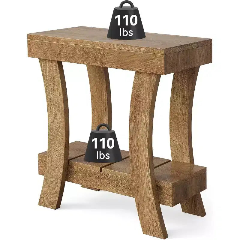 Table d'appoint étroite Lantine avec étagère de rangement, table d'appoint rectangulaire à 2 niveaux avec pieds en bois, petite table de chevet pour chambre à coucher, salon, petits espaces