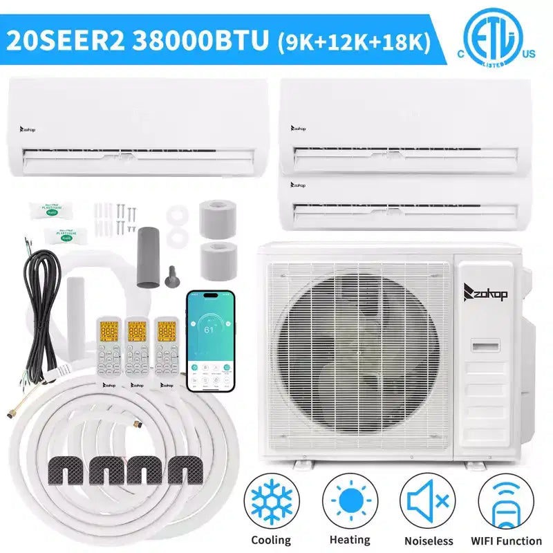 Climatiseur Mini-Split Karl Home 3 zones 38000 BTU 20 SEER2 avec Pompe à Chaleur (9K+12K+18K)