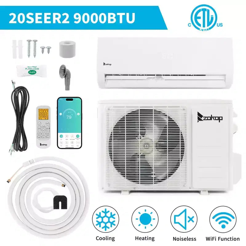 Karl Home Climatiseur bibloc sans conduit avec pompe à chaleur 9 000 BTU 0,75 tonne 20 SEER2 115 V